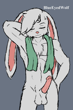 anthro erection facial_markings forehead_markings fur genitals head_markings male markings penis simple_background smile solo towel towel_around_neck white_body white_fur blueeyedwolf scheknul arctic_hare hare lagomorph leporid mammal 2:3 hi_res