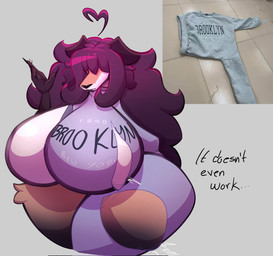 anthro big_breasts big_hair breasts clothing female hair huge_breasts hyper hyper_breasts hyper_voluptuous long_hair looking_down male mature_anthro purple_hair raised_hand solo sweater thick_thighs topwear wide_hips fg8235 brooklyn_sweater feux canid canine fox mammal hi_res