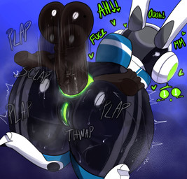 anal anal_penetration anthro backsack ball_slap balls big_butt big_penis bodily_fluids butt clothing duo electronics empty_eyes female genitals glistening glistening_balls glistening_butt glistening_genitalia glistening_penis green_eyes headphones heart_eyes heart_symbol huge_butt huge_penis human_on_anthro interspecies machine male male/female onomatopoeia penetration penile penile_penetration penis penis_in_ass plap screen screen_face shaking shivering shortstack shortstack_female slap sound_effects surprised sweat sweaty_butt tail text thick_thighs vulva runbash project_turboblast tempo_(project_turboblast) human humanoid lagomorph mammal robot robot_anthro absurd_res hi_res