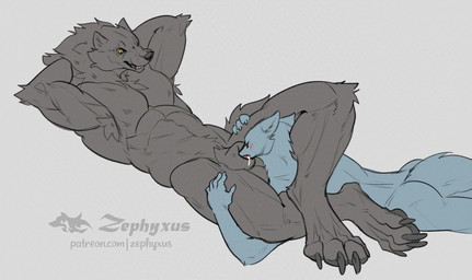 animal_genitalia animal_penis anthro anthro_on_anthro biped blush bodily_fluids canine_genitalia canine_penis claws digitigrade duo fur genital_fluids genitals grey_body grey_fur hands_behind_head larger_male larger_penetrated male male/male nude_anthro nude_male oral paws penetration penis penis_tip precum sex sheath sheath_penetration sheath_play size_difference smaller_male snout_fuck snout_in_sheath toe_claws yellow_eyes zephyxus mythology canid canine canis mammal mythological_canine mythological_creature werecanid werecanine werecreature werewolf wolf 2025 digital_media_(artwork)
