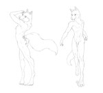 anthro arched_back balls bow_ribbon breasts chest_tuft duo female flaccid genitals humanoid_genitalia humanoid_penis looking_at_viewer male nude pawpads penis posed tail tuft walking dipingxiangtr.d canid canine canis mammal wolf monochrome