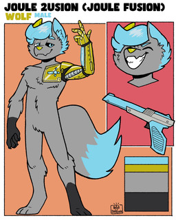 anthro black_body black_fur blue_body blue_fur controller cybernetics fur game_controller gold_(metal) grey_body grey_fur heterochromia machine male nes_controller nintendo_controller pose smile solo standing yellow_body yellow_fur baronix nintendo nintendo_entertainment_system joulefusion_(fusion) canid canine canis cyborg mammal wolf absurd_res hi_res