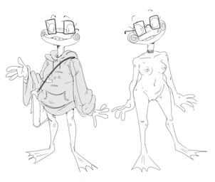4_fingers anthro areola blush bottomless braces breasts clothed clothing eyewear female fingers flippers genitals glasses hoodie hoodie_only looking_at_viewer navel nipples nude shoulder_bag solo topwear topwear_only vulva mhdrawin chia_spritz_(mhdrawin) amphibian frog 2023 black_and_white hi_res monochrome