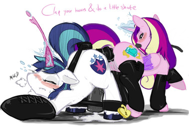 anal anal_penetration animal_genitalia animal_penis armbinder ass_to_ass bdsm binder_(restraint) blonde_hair blue_hair blush bodily_fluids bondage bondage_gear bound clenched_teeth clothing colored_cum cuff_(restraint) cum cum_while_penetrated cutie_mark dialogue dildo dominant dominant_female double_dildo duo ejaculation equine_genitalia equine_penis erection eyes_closed feathered_wings feathers female female_penetrated feral feral_on_feral fetlocks genital_fluids genitals hair hands-free horn horngasm legwear lock looking_back magic magic_cum male male/female male_penetrated mostly_nude multicolored_hair orgasm padlock penetration penis pink_body pink_feathers purple_cum purple_hair restraints riding_crop sex_toy shackles spreader_bar submissive submissive_male tail tail_bondage tail_cuff tail_tied teeth text thigh_highs two_tone_hair unusual_bodily_fluids unusual_cum unusual_genital_fluids vulva whip wings 0r0ch1 friendship_is_magic hasbro my_little_pony mythology princess_cadance_(mlp) shining_armor_(mlp) equid equine mammal mythological_creature mythological_equine unicorn winged_unicorn english_text