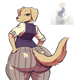 anthro big_butt black_nose blue_clothing blue_topwear blue_vest bottomwear bubble_butt butt butt_pose clothing floppy_ears fur grey_bottomwear grey_clothing grey_pants hands_on_hips huge_butt huge_thighs looking_at_viewer looking_back looking_back_at_viewer male pants pattern_bottomwear pattern_clothing pattern_pants pose shirt simple_background smile smirk solo striped_bottomwear striped_clothing striped_pants stripes thick_thighs tight_bottomwear tight_clothing tight_pants topwear vest white_background white_clothing white_shirt white_topwear wide_hips yellow_body yellow_fur astonarts beastars jack_(beastars) bird_dog canid canine canis domestic_dog hunting_dog labrador mammal retriever 2026 absurd_res hi_res