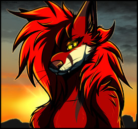 anthro cloud cloudy_sky eyelashes female fur glowing glowing_eyes hair long_hair piercing_eyes piercing_gaze red_body red_hair rim_light shadow sky snaggle_tooth solo spiky_hair stare sunset tuft whisker_spots whiskers ira_the_carnivore ira_(ira_the_carnivore) canid canine fox mammal red_fox true_fox absurd_res colored hi_res shaded