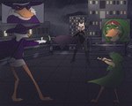 adolescent anthro bottomless cape clothed clothing crossbow_pistol danger face_mask faceless_character faceless_female female group gun handgun hooded_cape hooded_cloak male perilous raining ranged_weapon rooftop serious_face shotgun superhero supervillain trio weapon young diaxis darkwing_duck disney ducktales ducktales_(2017) black_heron_(ducktales) drake_mallard gosalyn_mallard gosalyn_waddlemeyer anatid anseriform avian bird black_heron duck egretta heron pelecaniform 5:4 hi_res