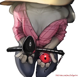 anthro ball_gag breasts buttplug cleavage clothed clothing female fur gag grey_body grey_fur plug_(sex_toy) sex_toy simple_background solo text whip white_background musikalgenius disney zootopia judy_hopps lagomorph leporid mammal rabbit 2025 hi_res url