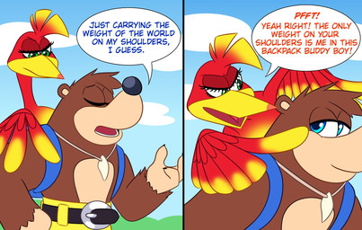 anthro bag beak belt black_nose blue_eyes bottomwear brown_body brown_fur clothed clothing cloud dialogue duo eyes_closed feathers female fur gesture green_eyes hand_gesture head_tuft jewelry male necklace open_mouth pointing smile teeth text tuft skelly_doll banjo-kazooie rareware banjo_(banjo-kazooie) kazooie avian bear bird breegull mammal 2021 comic digital_media_(artwork) english_text hi_res
