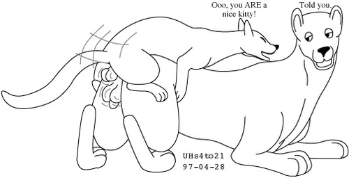 anal anal_penetration animal_genitalia ball_size_difference balls dialogue duo eyes_closed feral feral_on_feral fur genitals happy happy_sex humping interspecies larger_sub long_tail male male/male penetration sex sheath simple_background size_difference smile submissive tail thrust_lines thrusting white_background urbanhermit canid canine felid feline mammal 1997 black_and_white dated monochrome