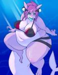 anthro belly belly_rolls big_belly big_breasts bikini blush breasts cleavage clothed clothing digitigrade female love_handles navel non-mammal_breasts overweight overweight_anthro overweight_female skimpy solo swimming swimwear thick_thighs two-piece_swimsuit kawaiidebu elmelie fish marine shark hi_res