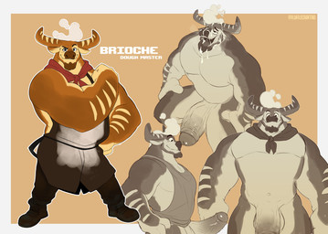 anthro apron balls bodily_fluids bottomless bread clothed clothing cum cum_on_face cum_on_tongue erection facial_hair food footwear genital_fluids genitals horn humanoid_genitalia humanoid_penis male muscular muscular_anthro muscular_male navel nude open_mouth penis shirt shoes smile solo tank_top tongue topwear flufflecraft brioche_(flufflycraft) bovid bovine bread_creature cattle food_creature mammal 2020 absurd_res hi_res model_sheet