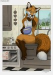 anthro bowl container cutlery detailed_background digitigrade inside kitchen kitchen_utensils male nude sitting solo spoon tools kashmere kikonine lwr canid canine fox mammal red_fox true_fox traditional_media_(artwork)