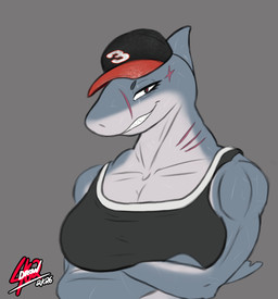 anthro arm_fin baseball_cap clothing female fin gills hat head_fin headgear headwear muscular muscular_anthro muscular_female scar scars_all_over simple_background solo drow462 nascar brucie_(word360) dale_earnhardt aquatic fish great_white_shark mackerel_shark shark white_shark hi_res