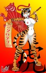 anthro areola black_hair blue_eyes breasts female genitals hair holding_parasol holidays looking_at_viewer nipples nude parasol pussy simple_background solo stripes text kyubicat chinese_new_year chinese_zodiac year_of_the_tiger felid feline mammal pantherine tiger 2022 chinese_text digital_media_(artwork) hi_res