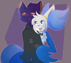 accessory anthro blush collar duo femboy grumpy headband hug male male/male silly silly_face smile teeth kitsunekotaro nintendo pokemon rune_(~hey_yo~) delphox domestic_cat felid feline felis generation_6_pokemon mammal pokemon_(species) hi_res