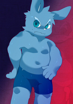 4_fingers anthro black_background blue_body blue_bottomwear blue_clothing blue_eyes blue_fur blue_shorts blue_spandex blush blush_lines bodily_fluids bottomwear brainwashing bulge cheek_tuft clothed clothing comic_panel facial_tuft fingers fur hand_on_hip head_tuft long_ears looking_at_another looking_down male mind_control navel nervous nervous_sweat rabbit_ears red_background shadow shorts simple_background slightly_chubby slightly_chubby_anthro slightly_chubby_male solo spandex spandex_shorts spandex_shorts_only sweat sweatdrop tight_bottomwear tight_clothing tight_shorts topless topless_anthro topless_male tuft white_inner_ear white_nose young young_anthro young_male jinnosound lagomorph leporid mammal rabbit hi_res portrait three-quarter_portrait