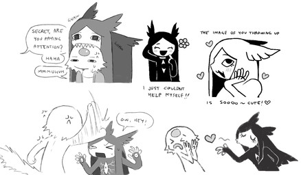 :3 :d >_< angry bite blowing_kiss chest_eye cross-popping_vein dialogue duo eyelashes eyes_closed female flower forehead_gem gem hair head_bite heart_symbol long_hair looking_up male onomatopoeia open_mouth open_smile plant punch sharp_teeth simple_background smile sound_effects speech_bubble talking_to_another teeth text white_background jejejunum pest_(jejejunum) secret_(jejejunum) animal_humanoid arthropod arthropod_humanoid humanoid insect insect_humanoid nethermare proto-nethermare 2026 comic digital_drawing_(artwork) digital_media_(artwork) english_text greyscale hi_res monochrome