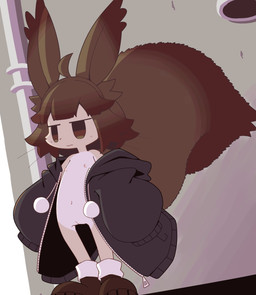 anthro biped boots brown_hair brown_tail clothed clothing countershading exhibitionism female female_anthro fluffy fluffy_tail footwear front_view fur genitals hair hoodie looking_aside mostly_nude mostly_nude_anthro mostly_nude_female navel open_clothing open_hoodie open_topwear oversized_clothing oversized_hoodie oversized_topwear plantigrade scarf shoes simple_eyes slim slim_anthro slim_female solo standing tail tan_body tan_fur topwear vulva whiskers white_body white_countershading white_fur crepix flying_squirrel mammal rodent sciurid 2025 cel_shading digital_drawing_(artwork) digital_media_(artwork) hi_res shaded