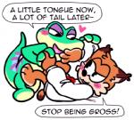 anthro blush clothed clothing dialogue duo fur green_body green_scales male male/male nude orange_body orange_fur scales simple_background white_background cuteosphere bubsy_(series) gex_(series) bubsy gex_the_gecko felid feline gecko lizard lynx mammal reptile scalie crossover low_res