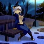 anthro areola bench breasts claws clothed clothing eyes_closed fangs female hair nipples on_bench open_mouth park partially_clothed public raining semi_public solo teeth tongue topless white_hair lonbluewolf evay felid feline lynx mammal 1:1 2018 hi_res