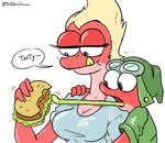 anthro blonde_hair breasts burger cleavage clothed clothing duo eating eating_food female food hair hat headgear headwear long_tongue male open_mouth pink_body pink_skin red_body red_skin simple_background speech_bubble text tongue thedarkzircon amphibia_(series) disney general_yunan sprig_plantar amphibian frog newt salamander 2021 english_text hi_res