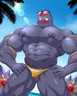 abs anthro areola barazoku barbell_piercing biceps blush blush_lines bodily_fluids clothing embarrassed eyewear forearm_muscles group male muscular muscular_anthro muscular_male nipple_dip nipple_piercing nipple_stud nipples obliques outside pecs piercing quads sky stocky sunglasses sweat thick_thighs underwear v-cut maldu nintendo pokemon ryuji_kaiyo generation_1_pokemon machoke pokemon_(species) starmie 4:5 hi_res