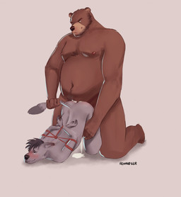 anal anal_penetration anthro bdsm beard belly blush bodily_fluids bondage bound cum cum_in_ass cum_inside doggystyle dominant dominant_male duo facial_hair from_behind_position genital_fluids hands_behind_back kneeling larger_male leaking_precum looking_pleasured male male/male male_penetrated male_penetrating male_penetrating_male navel nipples nude overweight overweight_male penetration penile penile_penetration penis_in_ass precum restraints rope rope_bondage rope_harness sex simple_background size_difference slim_male smaller_male smile submissive submissive_male tail tan_background rovindeer bear canid canine canis mammal wolf hi_res