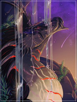 4_eyes comet creek fantasy fin looking_at_sky male multi_eye red_eyes scales solo star waterfall nokiout mythology dragon mythological_creature mythological_scalie scalie 3:4 hi_res portrait