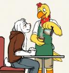 4_fingers anthro apron barista beak beverage clothed clothing coffee container cup duo feathers fingers fur kerchief long_ears male neckerchief neckwear open_mouth simple_background sitting smile standing white_body white_fur yellow_body yellow_feathers cubi cubi_(characters) cubi_(rabbit) gus_(flir) avian bird chicken galliform gallus_(genus) lagomorph leporid mammal phasianid rabbit 2013 digital_drawing_(artwork) digital_media_(artwork)