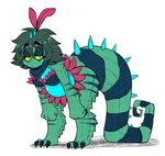 :< accessory anthro belly bent_over blue_body blue_cheeks blue_skin blue_spikes breasts claws clothed clothing curled_tail eye_through_hair female female_anthro green_body green_hair green_scales green_skin hair hair_accessory half-closed_eyes head_spikes lidded_eyes markings mouth_closed narrowed_eyes non-mammal_breasts pupils scales simple_background slit_pupils spiked_tail spikes spikes_(anatomy) striped_markings striped_tail stripes tail tail_markings tail_on_ground thick_tail toe_claws translucent translucent_hair white_background yellow_sclera darkage_art newt_(darkage_art) lizard reptile scalie 2023 absurd_res digital_drawing_(artwork) digital_media_(artwork) full-length_portrait hi_res portrait