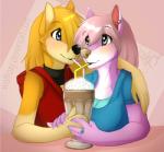 anthro beverage blonde_hair blue_eyes blush breasts clothing duo eye_contact female female/female fur hair hand_holding long_hair looking_at_another milkshake piercing pink_hair romantic romantic_couple sharing sharing_beverage sharing_milkshake yellow_body yellow_fur wolflady kristy roxy_bradingham canid canine canis domestic_dog mammal wolf 2014 digital_media_(artwork) low_res