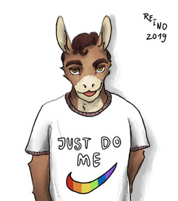 anthro brown_body brown_fur brown_hair clothing ears_up eyebrows fur hair looking_at_viewer male open_mouth shirt smile smiling_at_viewer solo text text_on_clothing topwear yellow_eyes reino_fellow nike asinus donkey equid equine mammal hi_res