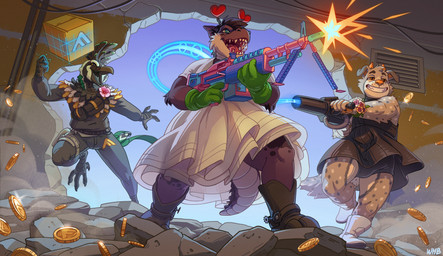4_toes ambiguous_gender anthro avian_feet barefoot beak boots claws clothed clothing coin cowboy_boots destruction detailed_background digitigrade dress feet finger_claws flower footwear gun gunfire gynomorph holding_gun holding_object holding_ranged_weapon holding_rifle holding_weapon hole_in_wall inside intersex m60 machine_gun male money plant ranged_weapon rifle sharp_teeth shoes talons teeth toe_claws toes weapon katewhb the_finals jaz_(laughingboye) nbdog alligator alligatorid avian bird corvid crocodilian magpie_(corvid) oscine passerine reptile scalie absurd_res hi_res nonbinary_(lore)
