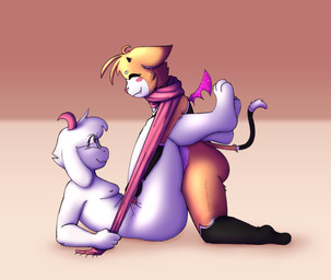 anthro blush clothed clothing duo eyewear fangs femboy from_front_position glasses holding_leg holding_thigh leash leash_pull legs_up lying male male/male missionary_position nude on_back partially_clothed penetration scarf sex simple_background slightly_chubby smile tail teeth fembunns anothereidos_of_dragon_vein_r deltarune undertale_(series) charlotte_(anothereidos_r) ralsei bovid caprine domestic_cat felid feline felis goat mammal 2026 hi_res