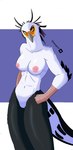 anthro areola beak biped black_body breasts elbow_feathers feathers featureless_crotch female fingers fist front_view frown hands_on_hips head_feathers humanoid_hands intense looking_at_viewer medium_breasts multicolored_body navel nipples non-mammal_breasts non-mammal_nipples nude nude_anthro nude_female orange_body simple_background solo standing text white_body yellow_eyes elelite accipitriform avian bird secretary_bird 2022 artist_name colored hi_res portrait shaded three-quarter_portrait