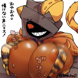 areola big_breasts bodily_fluids breast_play breast_squeeze breasts brown_body brown_skin cleavage clothed clothed_sex clothing dark_body dark_skin duo engulfing_titfuck female female_focus fur hair heart_symbol hood huge_breasts male male/female motion_blur nipple_outline nipple_slip nipples orange_hair outercourse penis_between_breasts red_eyes sex shadow_face sharp_teeth side_boob skimpy smile solo_focus squeezing sweat teeth text titfuck yellow_body yellow_fur bee_haji arc_system_works blazblue torakaka animal_humanoid cat_humanoid felid felid_humanoid feline feline_humanoid humanoid kaka_(blazblue) mammal mammal_humanoid 1:1 2022 artist_name bust_portrait icon japanese_text portrait translated