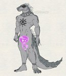 anthro censored_genitalia claws facial_markings fangs head_markings male markings mask_(marking) muscular nude red_eyes solo spikes tail tattoo teeth thick_tail zinthings dislyte lilith_games daylon_(dislyte) crocodile crocodilian reptile scalie censored