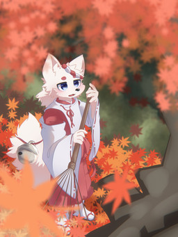 5_fingers anthro bell brush clothed clothing fingers footwear fully_clothed fur high-angle_view holding_object inner_ear_fluff looking_up male maple_leaf open_mouth outside plant red_clothing sandals shoes socks socks_with_sandals solo standing tail tree tuft white_body white_clothing white_fur white_tail ranshinumeda334 canid canine canis mammal wolf 3:4 absurd_res hi_res