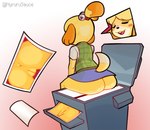 anthro anus blush bottomless butt clothed clothing eyes_closed female fur genitals open_mouth open_smile photocopier photocopying_butt pussy sitting sitting_on_photocopier smile solo topwear yellow_body yellow_fur nyurusauce animal_crossing nintendo isabelle_(animal_crossing) canid canine canis domestic_dog mammal shih_tzu toy_dog 2022 hi_res