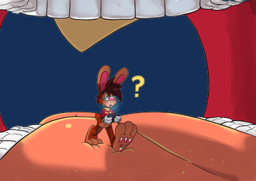 3_toes 4_fingers anthro beak big_feet big_tongue cartoon_gloves clothing duo eyewear feet fingers glasses in_mouth inside_mouth macro male male/male mawplay micro open_beak open_mouth orange_tongue pawpads paws shirt soles tail thick_tongue toes tongue toony topwear vore wearing_glasses wide_tongue klizlove roderick_(tamerkoh) toon_twack_(klizlove) twack_(klizlove) avian bird lagomorph leporid mammal rabbit absurd_res alpha_channel hi_res