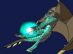 4:3 angry anthro black_body black_scales blue_background claws draconian flying green_eyes hi_res lustre_(lunardian) magic magra123 male scales sharp_teeth simple_background solo teeth wings