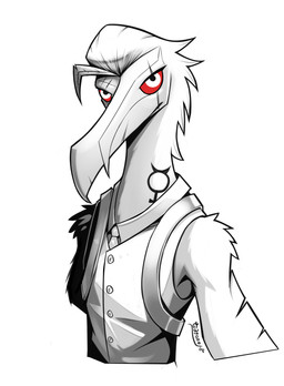 anthro clothed clothed_anthro clothed_male clothing feathers male male_anthro red_eyes simple_background solo tattoo topwear vest white_background white_body white_clothing white_feathers white_topwear white_vest gatonejo accipitrid accipitriform avian bearded_vulture bird old_world_vulture vulture absurd_res hi_res signature