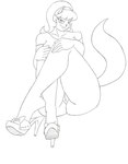 anthro bottomless clothed clothing female footwear high_heels looking_at_viewer loose_footwear no_underwear shoe_dangle shoes simple_background smile solo topwear white_background krocialblack nickelodeon t.u.f.f._puppy kitty_katswell domestic_cat felid feline felis mammal hi_res monochrome