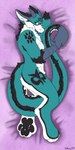 anthro bed bedding black_body black_fur black_markings black_pawpads blue_body blue_fur dakimakura ear_tuft fur furniture green_body green_fur grey_body grey_fur holding_own_tail holding_tail horn inner_ear_fluff long_tail male markings pawpads paws pose simple_background smile smirk solo symbol tail teal_body teal_fur tuft rattdawg mythology elie dragon hybrid mythological_creature mythological_scalie scalie absurd_res dakimakura_design hi_res pinup