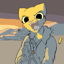 angry anthro armored_vehicle big_eyes big_pupils cannon cartridge_case clothing detailed_background female front_view fur fur_collar gun holding_gun holding_object holding_ranged_weapon holding_weapon jacket looking_at_viewer machine open_mouth outside pkm pupils ranged_weapon sharp_teeth solo standing tank_(vehicle) teeth tongue topwear tracked_vehicle turret vehicle weapon yellow_body yellow_fur yellow_sclera denis_(artist) microsoft prequel_adventure rostec t-72 the_elder_scrolls uralvagonzavod katia_managan felid feline felis khajiit mammal 1:1