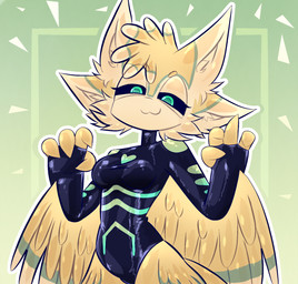 4_ears abstract_background anthro black_bodysuit black_clothing black_latex black_sclera black_skinsuit bodysuit breasts cheek_tuft claws closed_smile clothed clothed_anthro clothing facial_tuft feathered_wings feathers female female_anthro fingers glistening glistening_clothing gloves green_background green_body green_eyes half-closed_eyes handwear heart_symbol latex latex_bodysuit latex_clothing latex_gloves latex_handwear latex_skinsuit looking_at_viewer mouth_closed multi_ear multicolored_clothing narrowed_eyes pose simple_background skinsuit small_breasts smile smiling_at_viewer solo standing stripes swimwear thick_thighs tight_clothing tuft wings yellow_body yellow_feathers shushik_hehe kiki_(strawberrynightmilk) avali avian hi_res portrait