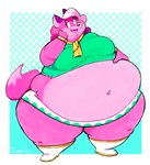 anthro belly big_belly breasts clothed clothing dipstick_tail female fur hair huge_belly markings navel obese obese_anthro obese_female open_mouth overweight overweight_anthro overweight_female pink_body pink_fur pink_hair solo tail tail_markings plushclover super_lesbian_animal_rpg melody_amaranth canid canine fox mammal red_fox true_fox 2022 hi_res trans_(lore) trans_woman_(lore)