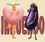 anthro clothing costume duo eggplant eggplant_costume eyebrow_piercing facial_piercing female food food_costume fruit male peach_(fruit) peach_costume physical_censor_bar piercing plant tommysamash dreamworks the_bad_guys diane_foxington mr._wolf_(the_bad_guys) canid canine canis fox mammal wolf absurd_res hi_res