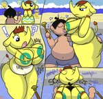 angry annoyed anthro areola areola_slip between_breasts big_areola big_breasts bikini bikini_bottom bikini_top bouncing_breasts breast_smother breasts bulge butt butt_grab choker clothed clothing clothing_transformation cross-popping_vein duo face_between_breasts female gold_bikini half-closed_eyes hand_on_butt hands_behind_head heart_eyes heart_symbol huge_breasts jewelry larger_female male male/female narrowed_eyes necklace size_difference skimpy slightly_chubby slightly_chubby_female slightly_chubby_male smothering smug surprised_expression swimwear thick_thighs two-piece_swimsuit wide_hips klutzatdusk animal_crossing nintendo eloise_(animal_crossing) villager_(animal_crossing) elephant elephantid human mammal proboscidean comic hi_res meme
